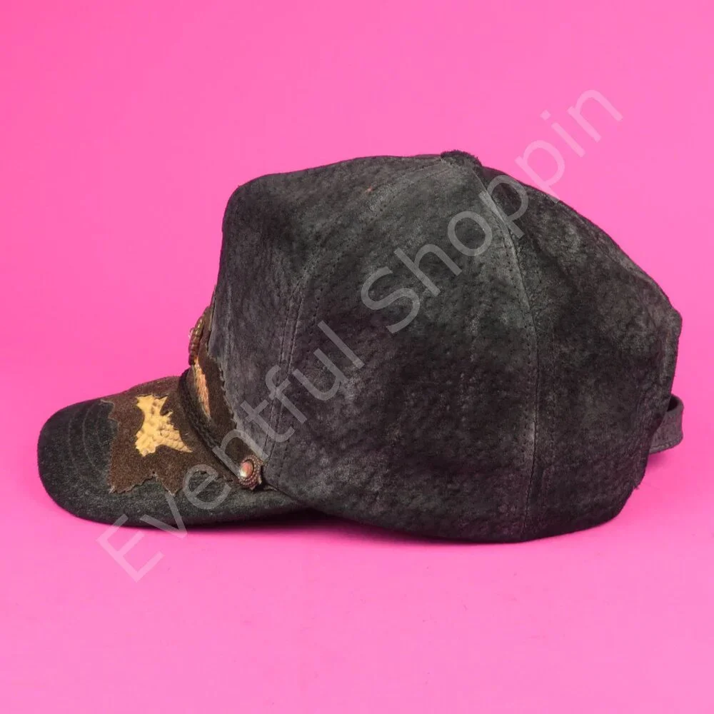 Vintage Leather Snakeskin Hat Mens Black Adjustable Vintage 1980s Made In USA - Picture 3 of 10